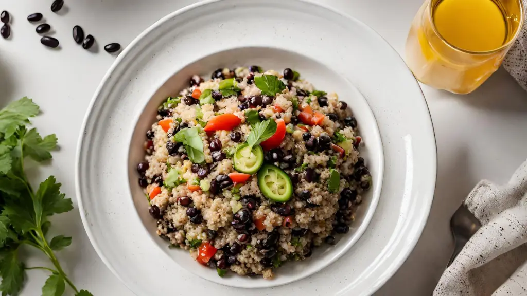 ensalada de quinoa con porotos negros en un plato de losa blanco en una mesa de cocina