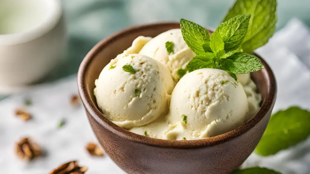 copa de helado vegano de vainilla, decorado sutilmente con una hoja de menta y espolvoreado con nuez. Sobre una mesa iluminado por el sol