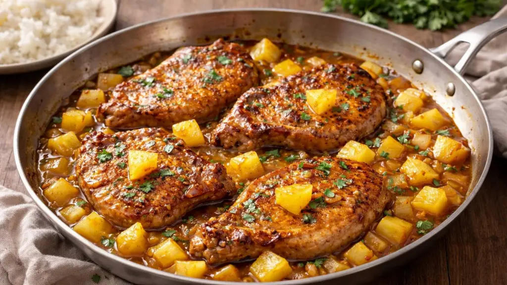 Chuletas de cerdo en salsa de piña ,Imagen generada con IA / ChatGPT